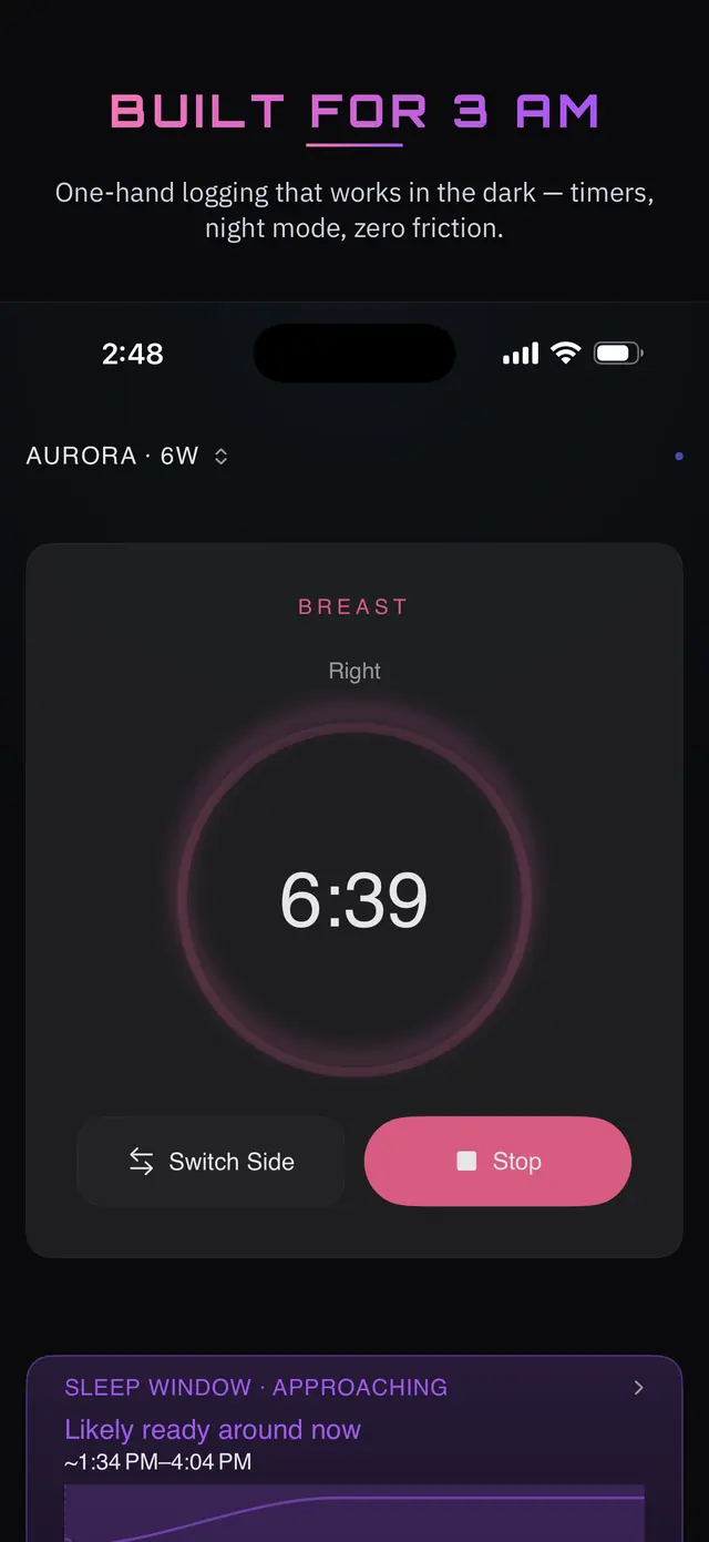 Built for 3 AM — a running breast-feed timer with big Switch Side and Stop buttons