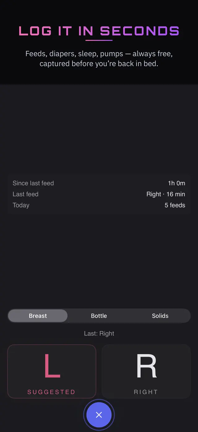Log it in seconds — the feed logger suggesting the left side, with thumb-size L and R
