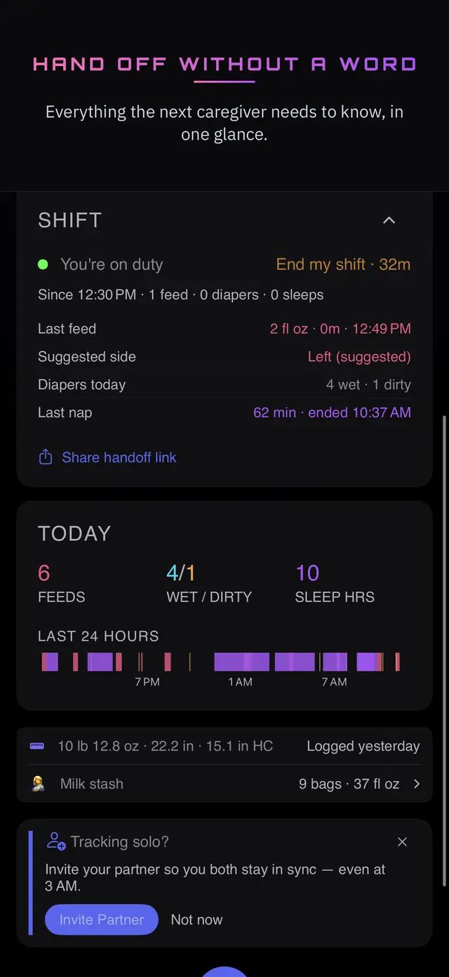 Hand off without a word — the shift card with last feed, suggested side, diapers, and last nap