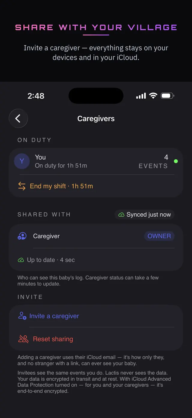 Share with your village — caregivers synced through your own iCloud